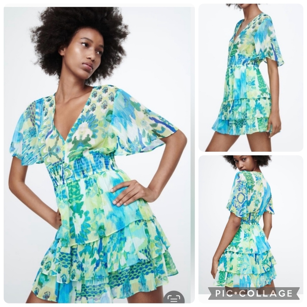 Zara Ruffled Print Minidress Metallic Batik Mixed Media Flutter Mini Dress NWT L